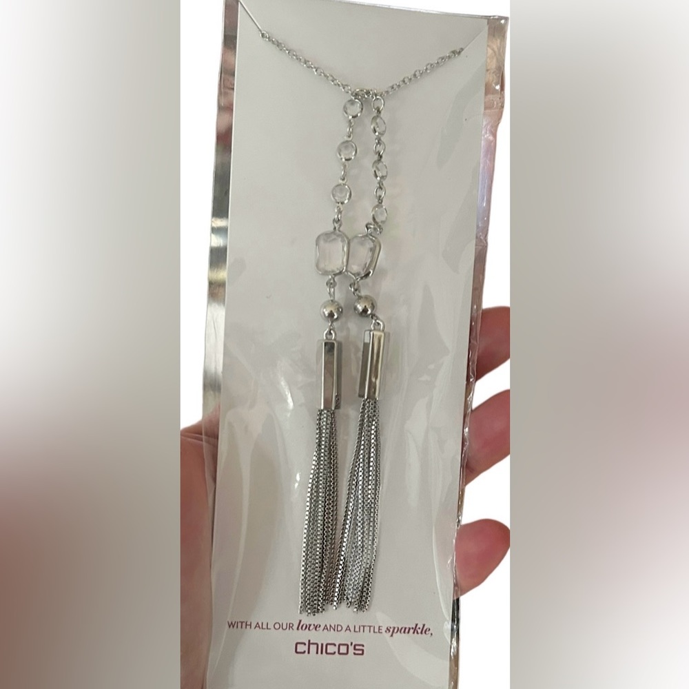 Chico's Silver Tone Lariat Tassel Necklace Clear Stone Necklace New 40”